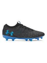 Championes de fútbol Under Armour Magnetico Select 5, color negro con detalles en azul brillante. Presentan una parte superior de piel sintética con estampado 3D para mayor control, cuello textil tipo calcetín y suela de TPU con tacos cónicos para tracción óptima.