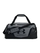 Bolso deportivo Under Armour Undeniable 5.0, unisex, color gris con detalles en negro y logo grande en el frente. Cuenta con doble asa de mano, correa ajustable para el hombro y múltiples bolsillos con cierre.