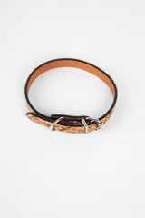 Collar para perro con estampado animal print de serpiente en tonos marrón y amarillo, con hebilla y argolla metálicas plateadas.