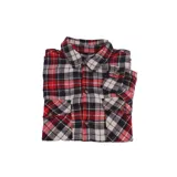 Camisa de viyela a cuadros rojos, azules y blancos, de manga larga y corte clásico.