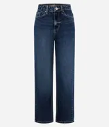 Pantalón de jean azul clásico de corte recto, con tiro alto, presillas para cinto y bolsillos funcionales.