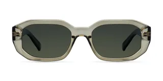 Lentes de sol con armazón geométrico color marrón claro y lentes polarizadas color verde oscuro.
