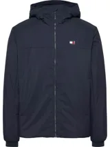 Campera azul marino con capucha y cierre frontal con cremallera. Logo de Tommy Jeans en el pecho.