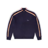 Campera de punto tipo cardigan con cierre frontal, color azul marino. Presenta franjas laterales multicolores en las mangas y logo bordado en el pecho.