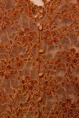 Top de manga larga color marrón óxido, confeccionado en tejido de encaje floral. Presenta escote en V con cierre frontal de botones pequeños.