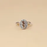 Anillo de diseño profesional con emblema de medicina, elaborado en plata 925 con detalles en oro 9k. Presenta una base ovalada con textura cepillada y el símbolo médico en relieve dorado.