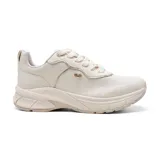 Championes urbanos color blanco hueso con detalles dorados, cordones blancos y suela chunky.