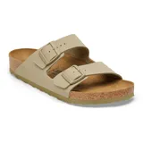 Sandalia Birkenstock modelo Arizona de dos correas con hebillas ajustables, confeccionada en material sintético Birko-Flor color khaki con plantilla anatómica de corcho y suela de goma.