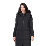 Campera larga tipo puffer color negro, con diseño acolchado, cierre frontal completo, cuello alto y capucha desmontable.
