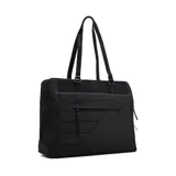 Bolso tipo tote negro con diseño acolchado en diagonal, doble asa de mano y cierre superior.