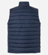 Chaleco masculino deportivo tipo puffer, color negro, con cuello alto, gajos acolchados y cierre delantero con cremallera.