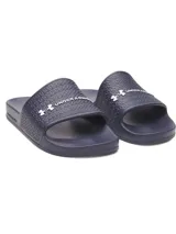 Sandalias de una pieza Under Armour modelo UA Armour Slide Lite, color azul marino, con tira ancha texturizada y logo de la marca en blanco.