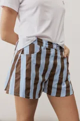 Short con diseño de rayas verticales en tonos celeste y marrón, con bolsillos delanteros y cierre frontal de botón y cremallera.