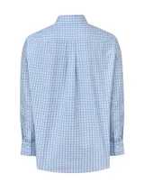 Camisa de manga larga RKF con estampado de cuadros en tonos azules y blancos. Presenta cuello abotonado, cierre frontal con botones y un bolsillo en el pecho con el logo de la marca bordado.