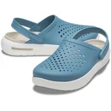 Zuecos Crocs modelo InMotion LiteRide Clog, de color gris en la parte superior perforada con tira trasera pivotante y suela gruesa de plataforma en color blanco con detalles negros.