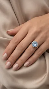 Anillo de plata con engaste circular y cristal facetado de color celeste.