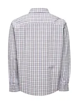 Camisa de manga larga RKF modelo Lighter, confeccionada en algodón orgánico. Presenta un diseño de cuadros en tonos blancos, azules y rojos, con cuello camisero, cierre frontal de botones, bolsillo en el pecho con logo bordado y corte modern fit.