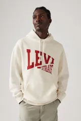 Buzo hoodie color crema con logo Levi's estampado en rojo en el frente.