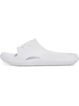 Sandalias Under Armour modelo W Locker V SL, de color blanco, confeccionadas en EVA moldeada de una sola pieza. Cuentan con diseño de secado rápido, orificios de drenaje para reducir la retención de agua, suela y plantilla texturizadas para mayor tracción.