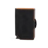 Billetera tipo tarjetero con sistema de extracción rápida, confeccionada en cuero negro con costuras en contraste color naranja y detalles internos en tono naranja.
