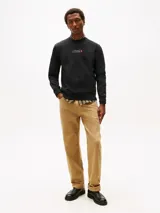 Buzo de cuello redondo Tommy Hilfiger, color negro, confeccionado en algodón regenerativo. Presenta cuello, puños y bajo acanalados, con el logo gráfico distintivo de la marca estampado en el centro del pecho y la bandera bordada en la manga.