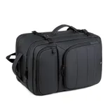 Mochila negra con múltiples compartimentos, bolsillos frontales con cierre, puerto USB integrado, asa superior y lateral, correas ajustables y acolchadas, y diseño expandible.