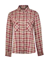 Blusa de manga larga tipo camisa, confeccionada en rayón con estampado de cuadros en tonos rojos y beige. Presenta cuello camisero, cierre frontal con botones a tono y dos bolsillos frontales con solapa.