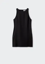 Vestido corto negro de lino, corte recto, sin mangas, con cuello redondo y espalda escotada con cierre de botones.