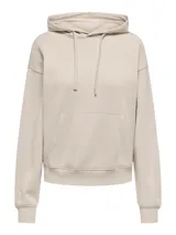 Canguro de abrigo color beige, con capucha ajustable mediante cordón, bolsillo tipo canguro en el frente, mangas largas y puños y cintura de rib elástico.