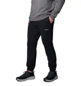 Pantalón tipo jogger de color negro, confeccionado en una mezcla de algodón, con cintura elástica ajustable mediante cordón interior, bolsillos laterales y traseros, y puños elásticos en los tobillos.