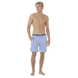 Short de baño celeste con cintura elastizada azul y cordón ajustable. Presenta un estampado con motivos playeros en los laterales y logo de la marca en el frente.