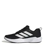 Championes deportivos Adidas modelo Rapidmove Go Trainer, color negro con las tres tiras características en blanco y suela con diseño geométrico en blanco y negro. Presenta tecnología Climacool en la lengüeta.