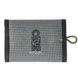 Billetera Rip Curl modelo Sseries Overland de color gris, con diseño texturizado en cuadrillé y logo de la marca estampado verticalmente en relieve.