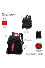 Mochila urbana de nylon color negro, con solapa superior, correas ajustables y detalles de cintas decorativas en color rojo con logo de la marca.