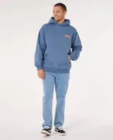 Canguro con capucha Rip Curl modelo Surf Puff Hood, color azul, con estampa en la espalda con el texto 'Ripcurl Surfing Company Since 1969' en color naranja.