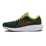 Championes Asics Gel-Excite 10, color negro con detalles en verde lima y naranja. Ideales para running.