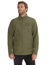 Campera polar de microfleece marca Caterpillar, color verde militar, con cuello alto, cierre frontal completo y bolsillos laterales. Cuenta con el parche bordado del logo de la marca en el pecho.