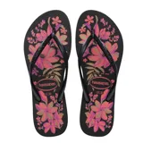 Sandalias Havaianas Slim Organic con estampado floral en tonos rosados y tiras finas color cobre.