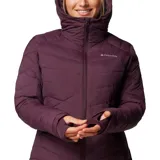 Campera técnica acolchada de mujer con capucha, color bordó. Cuenta con cierre frontal completo, bolsillos laterales con cremallera, puños con orificios para pulgares y forro interior térmico reflectante.