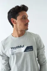 Remera gris de manga larga con cuello redondo y estampado frontal con la palabra 'Youthful' y el logo de Mistral.