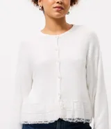 Cardigan de punto liviano color blanco, con cierre frontal de botones, mangas largas con hombros caídos y detalle de encaje en el ruedo.