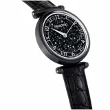 Reloj Swarovski para mujer, modelo Crystalline Wonder, con caja negra de 35mm y esfera adornada con cristales negros. Correa de cuero negro con diseño de lagarto. Fabricado en Suiza.