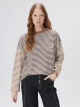 Remera de manga larga con diseño a rayas horizontales en tonos celestes y blancos en el cuerpo, y mangas a rayas azul marino y blancas. Presenta cuello redondo en color azul marino, logo bordado en el pecho y calce holgado.