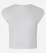 Blusa blanca sin mangas, confeccionada en tejido rib con textura de rayas.