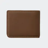 Billetera negra de cuero con costuras marrones, ventana de identificación, protección RFID, múltiples ranuras para tarjetas, monedero con cremallera, compartimento para billetes y cierre de clip.