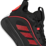 Championes de básquet Adidas modelo Own The Game 3.0, de corte medio. Presentan una capellada de malla negra con detalles en rojo vibrante, incluyendo las icónicas tres tiras laterales. Cuentan con suela de goma blanca con inserciones rojas y tecnología de amortiguación Lightmotion para mayor confort.