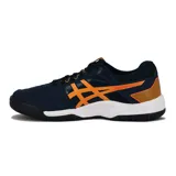 Championes Asics Gel-backhand color azul marino con detalles en naranja y suela blanca.