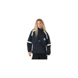 Campera cortavientos azul marino con cierre frontal parcial, cuello alto y detalles en blanco y verde oscuro. Cuenta con inscripciones y escudos estampados en el pecho.