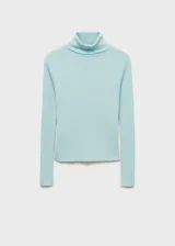 Jersey de punto acanalado en color turquesa, con cuello alto vuelto y diseño ajustado de manga larga.