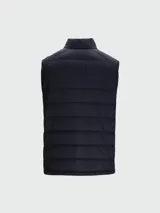 Chaleco puffer de plumas Moncler modelo Barthe, color negro, con cuello alto, cierre frontal y bolsillos laterales con cierre. Cuenta con parche del logo de la marca en el pecho.
